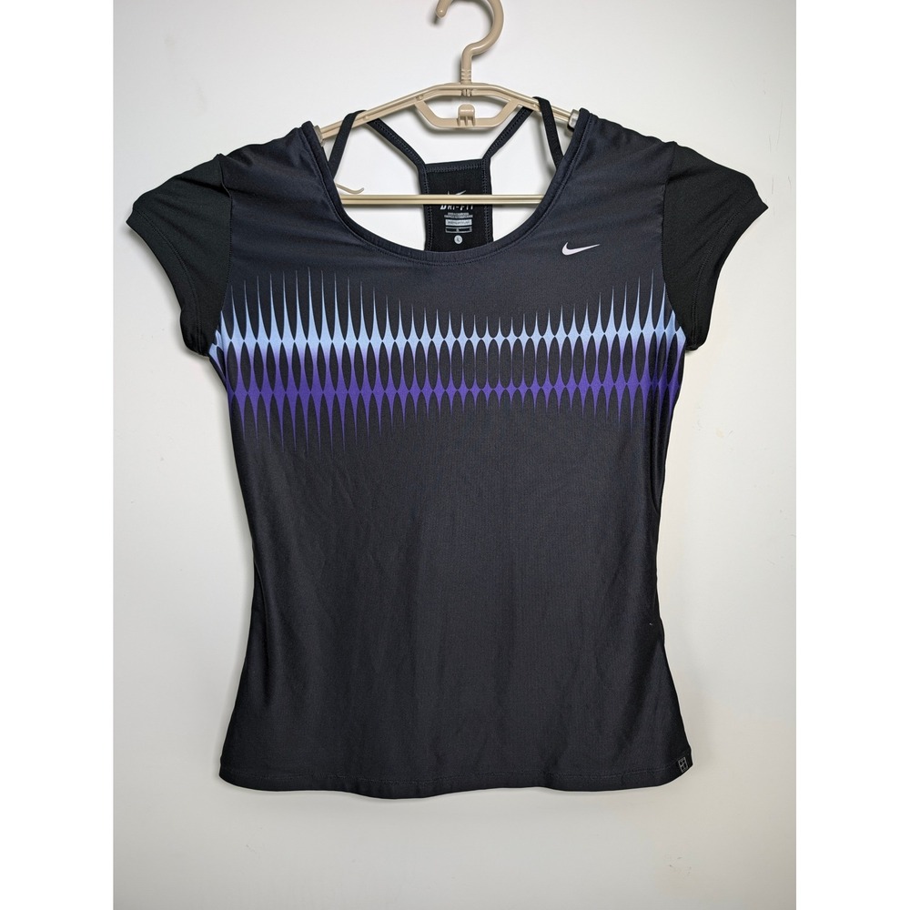 Nike Womens Court Tennis Top Dri-FIT Black Purple Gradient Short Sleeve L